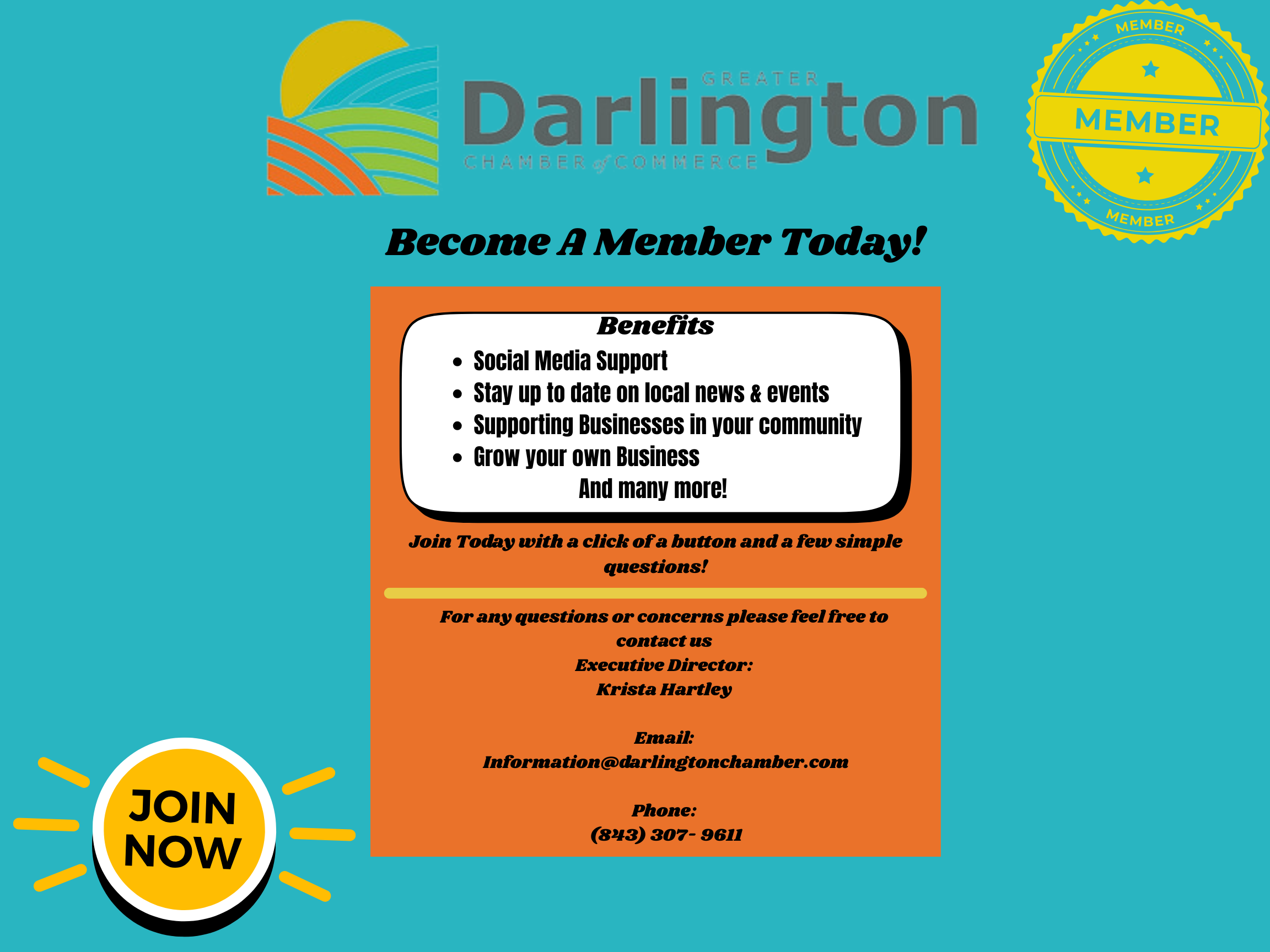 Join the Chamber Today! (2) Darlington Chamber flyer promoting membership with benefits and contact details on a blue and orange background.
