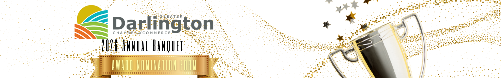 Darlington Chamber of Commerce 2023 Annual Banquet banner with a trophy and gold confetti.