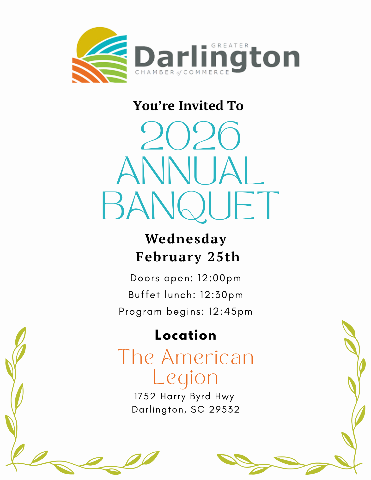 Flyer for the 2026 Annual Banquet by the Darlington Chamber of Commerce with event details and location.