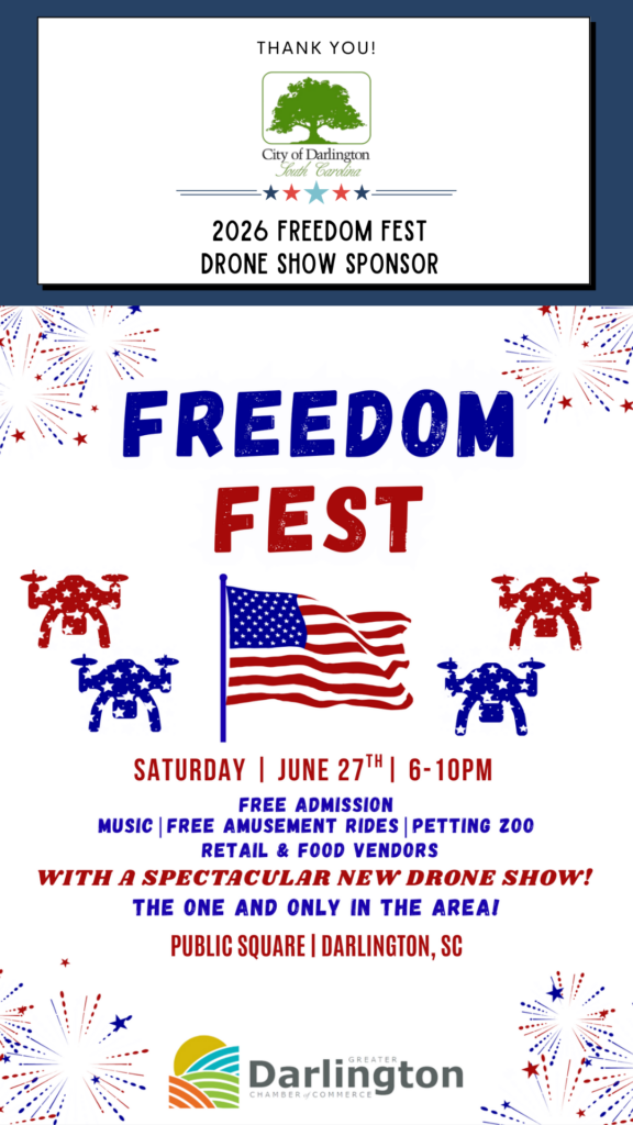 Flyer for Darlington’s 2026 Freedom Fest with fireworks, USA flag, and event details on June 27th, 6–10pm.